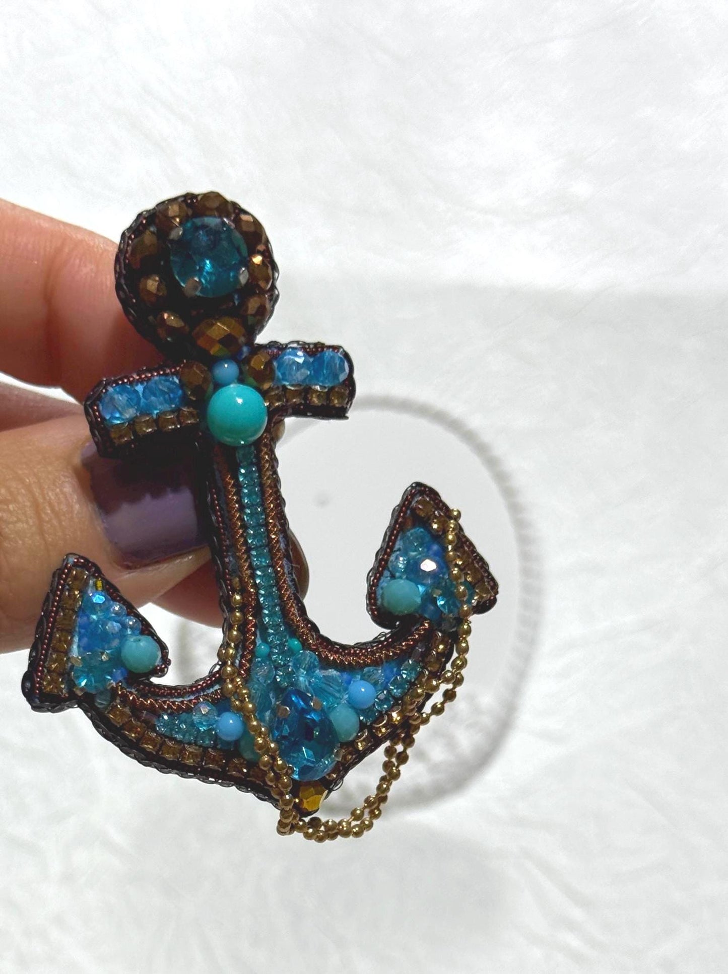 Handmade Beaded Anchor Brooch: Blue Crystal Nautical Pin