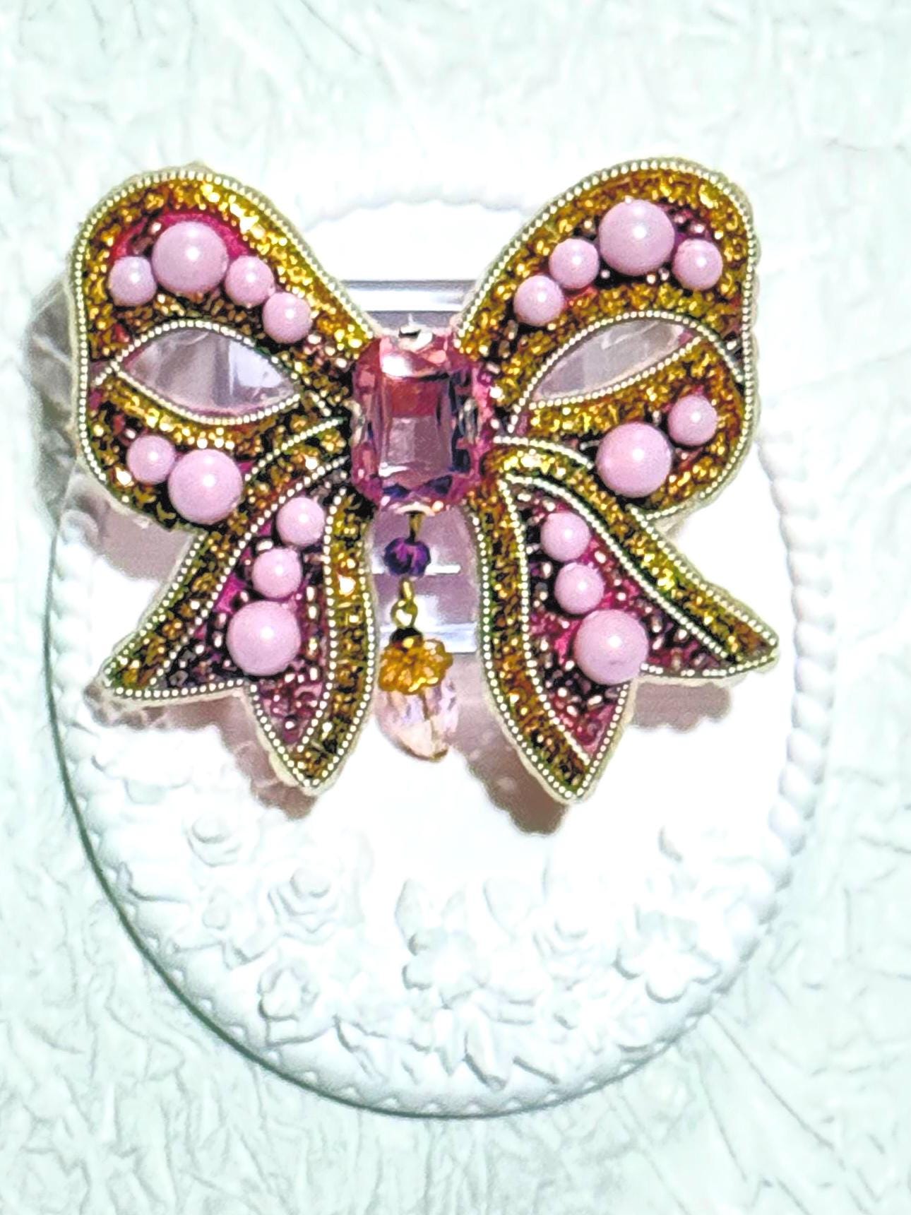 Handmade Pink Bow Brooch: Beaded Crystals & Pearls, Statement Jewelry