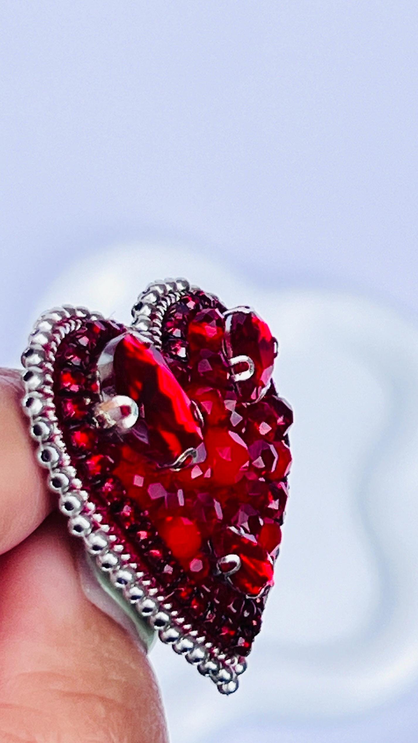 Handmade Red Crystal Heart Brooch: Beaded Love Pin