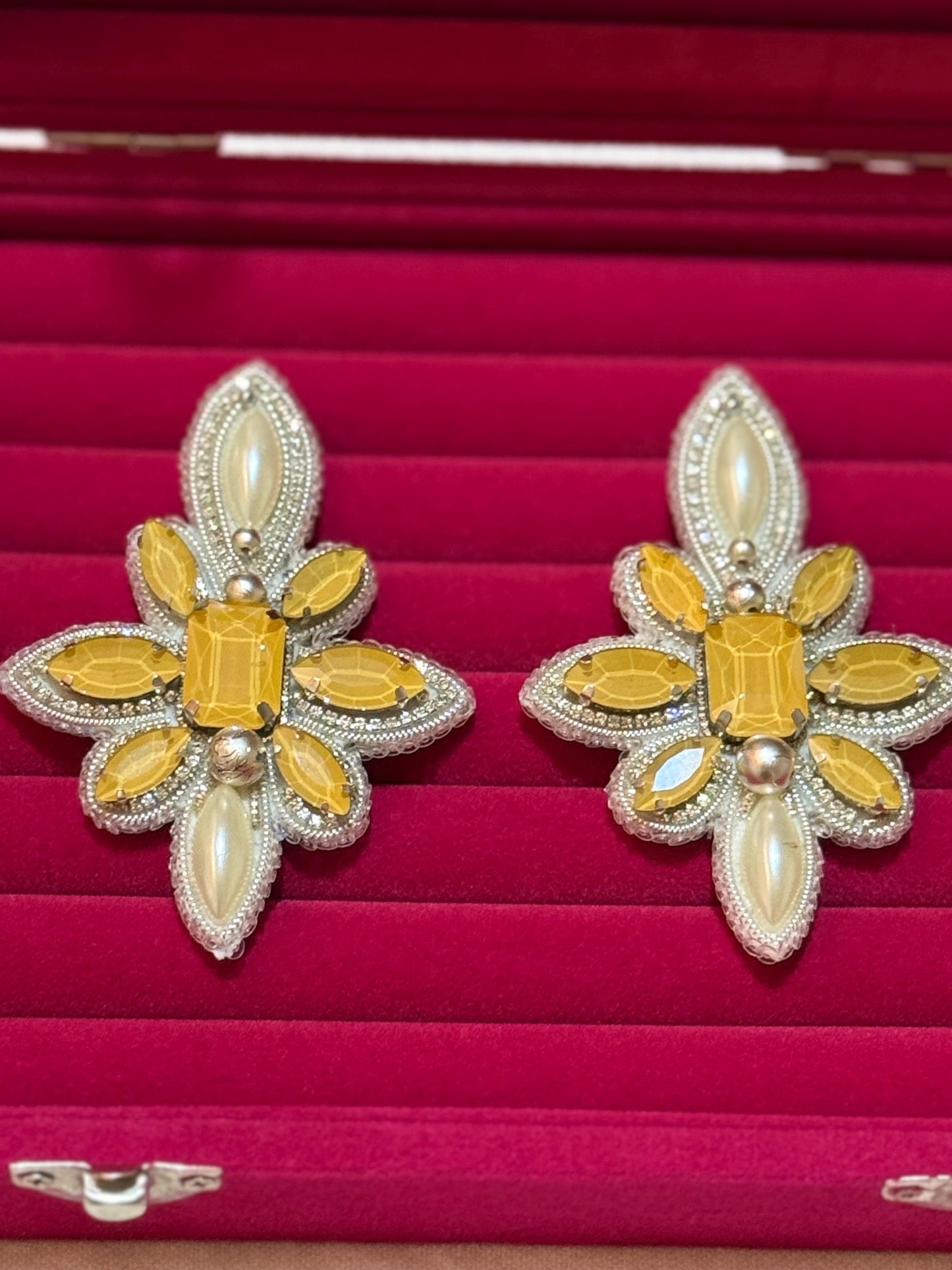 Handmade Beaded Flower Earrings, Yellow Gem Pearl Dangles
