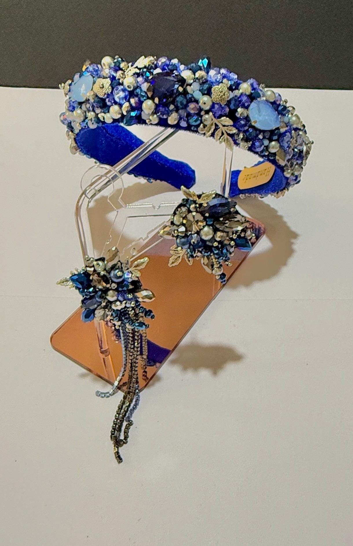 Handmade Blue Beaded Headband with Crystal Dangle Earrings