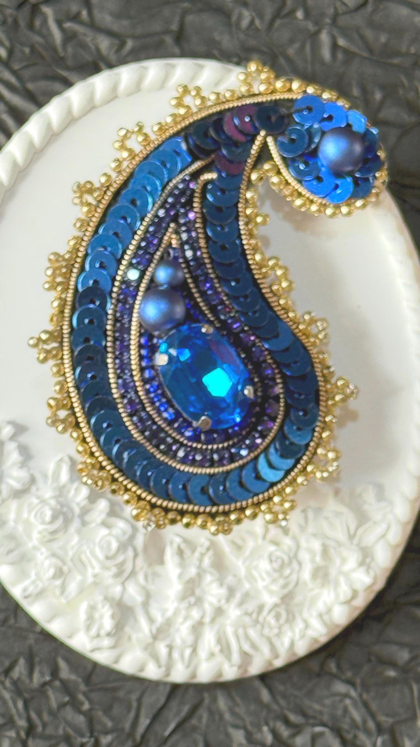 Handmade Blue Paisley Brooch: Beaded Indian Style Statement Pin
