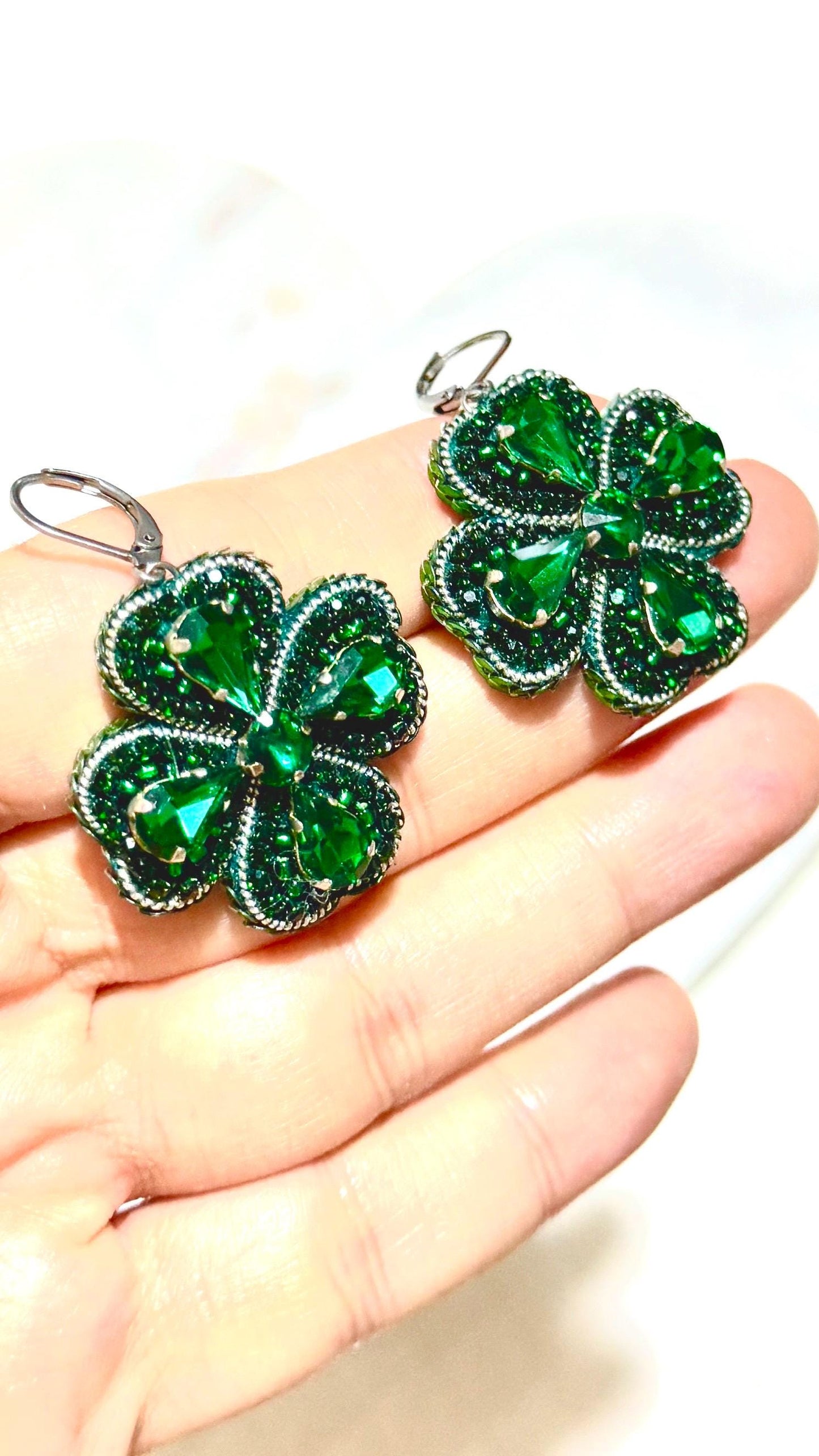 Handmade Beaded Four-Leaf Clover Earrings: Lucky St. Patrick's Day Jewelry