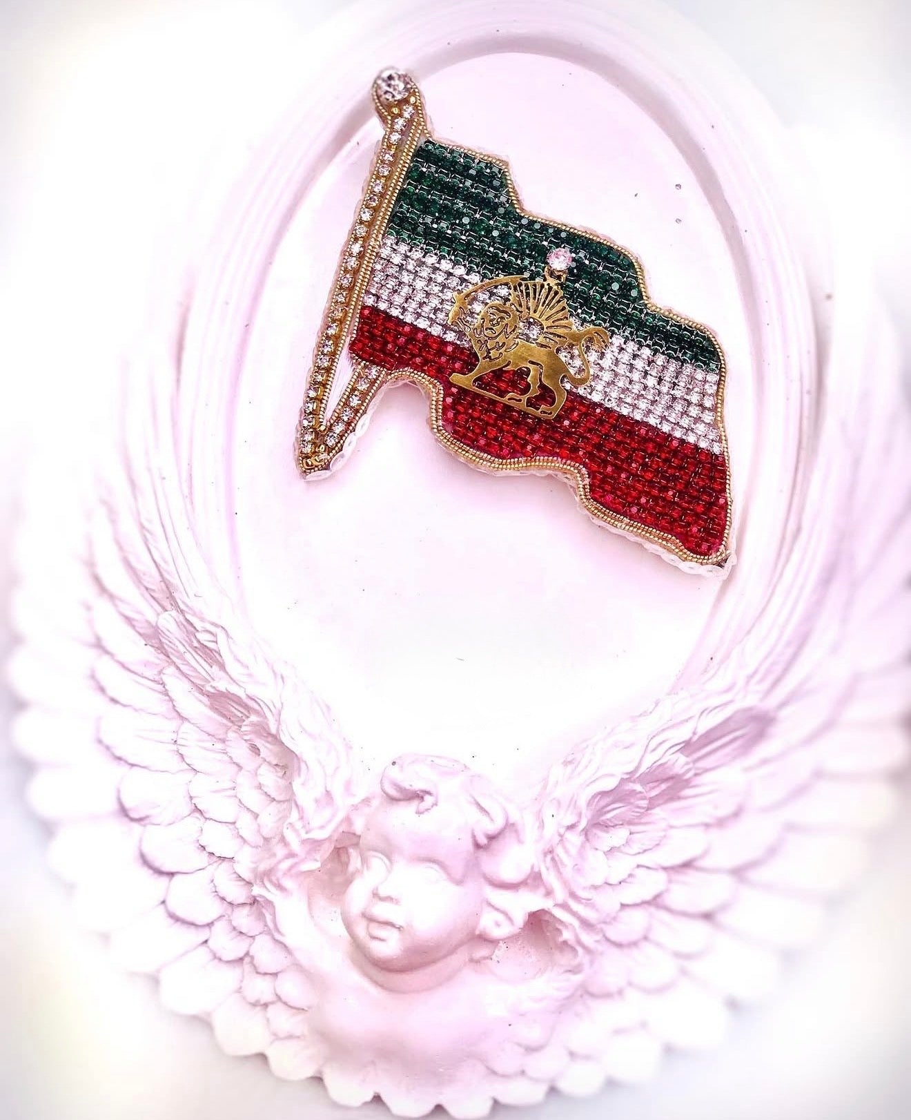 Persian Lion Flag Brooch – Rhinestone Pin (Iran Map Design)