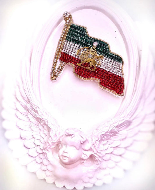 Persian Lion Flag Brooch – Rhinestone Pin (Iran Map Design)