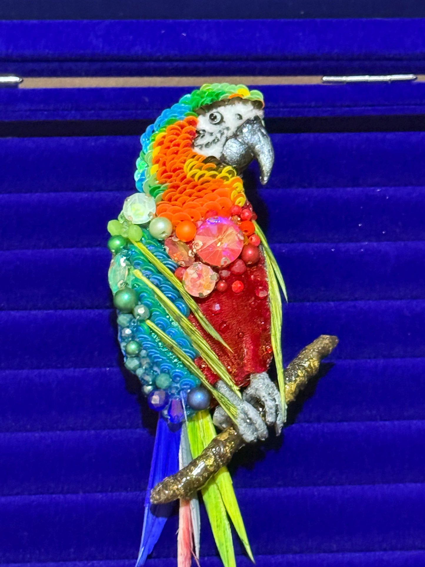 Handmade Beaded Parrot Brooch – Sequin & Crystal Bird Pin