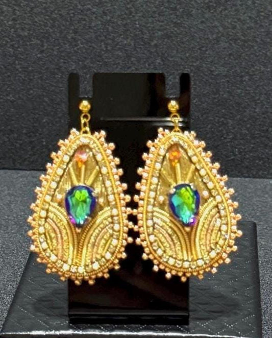 Handmade Gold Teardrop Earrings: Beaded Crystal Embroidered Statement Jewelry