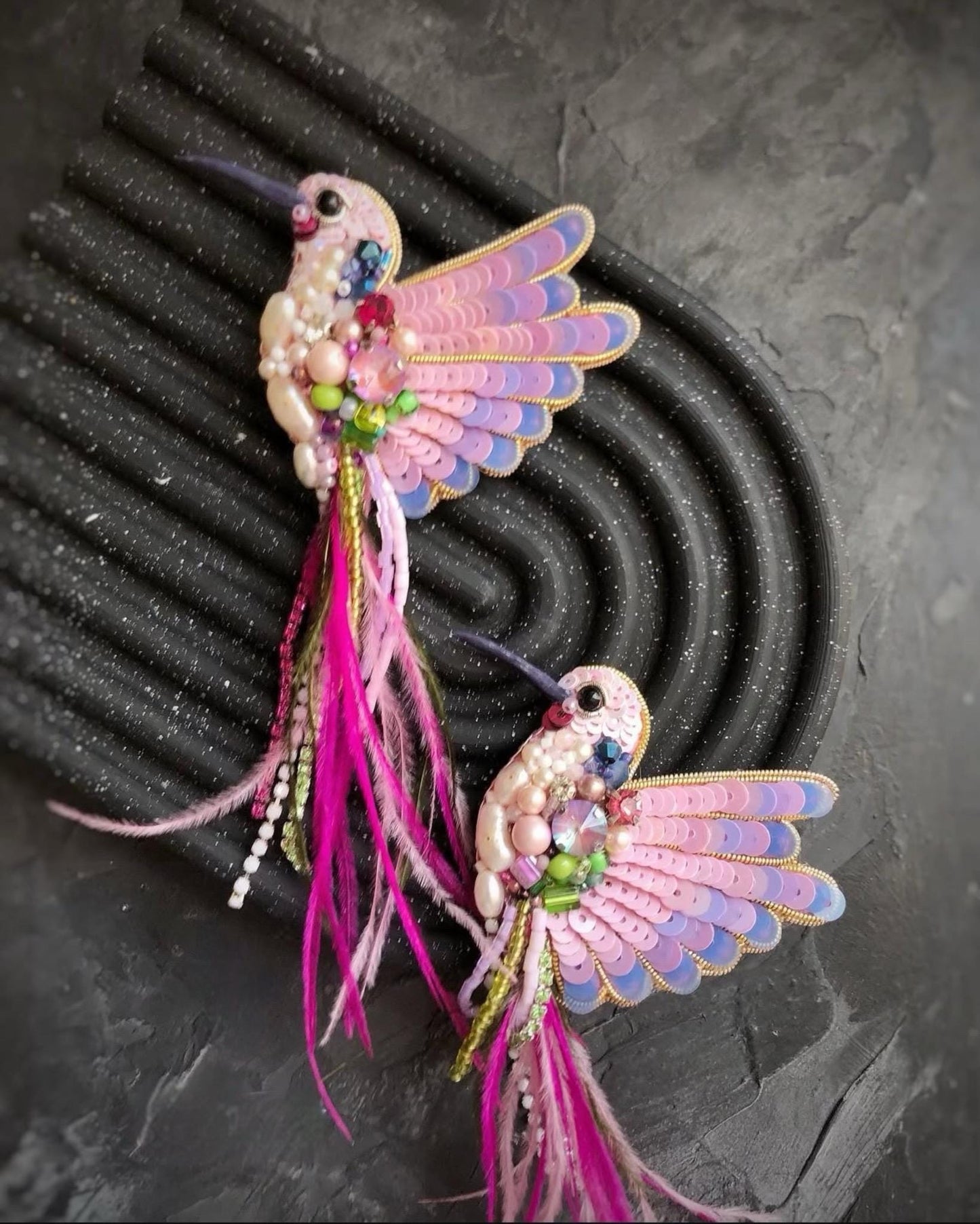 Handmade Hummingbird Brooch: Beaded Bird Pin with Pink Feathers
