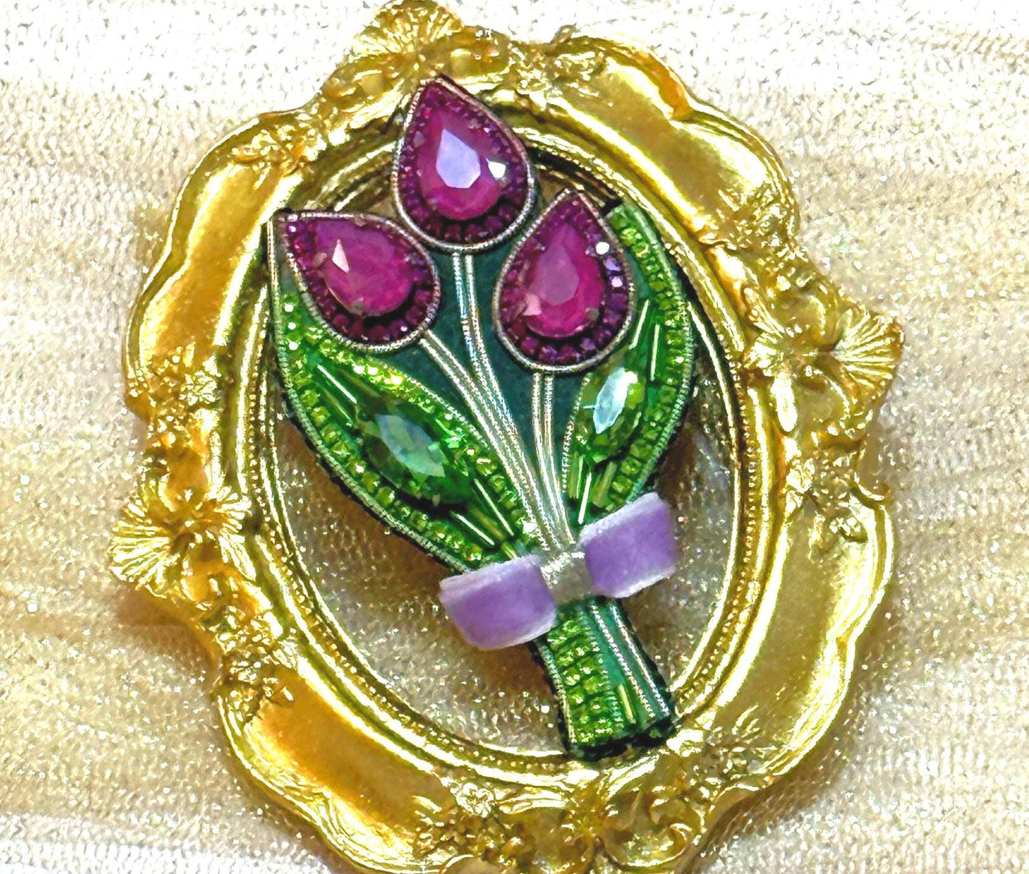 Handmade Beaded Tulip Brooch: Crystal Velvet Flower Pin