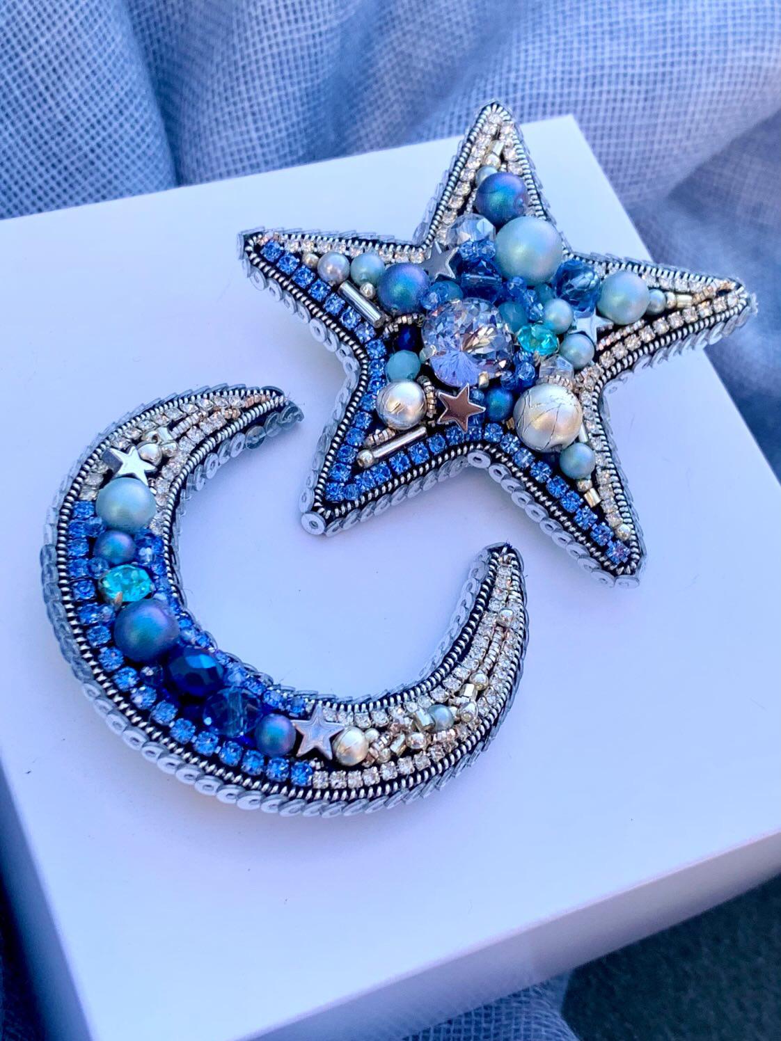 Handmade Beaded Star and Moon Brooch: Celestial Rhinestone Pin