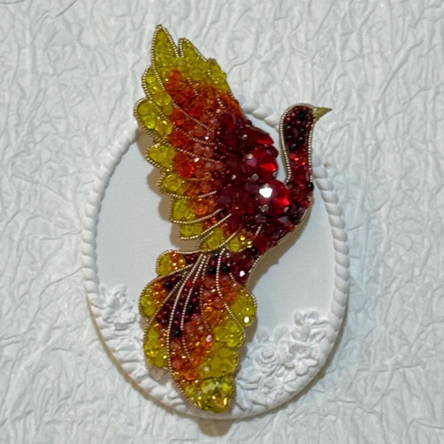 Handmade Beaded Phoenix Brooch: Red, Orange, Yellow Crystal Bird Pin