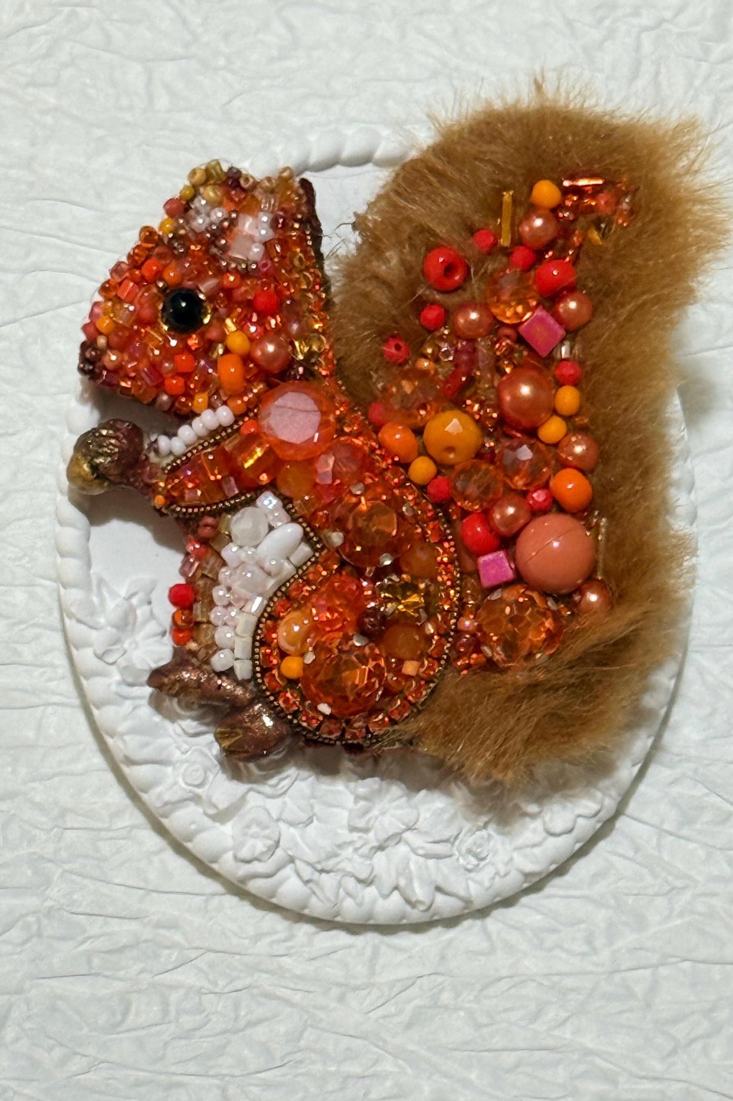 Handmade Beaded Squirrel Brooch: Faux Fur Woodland Pin