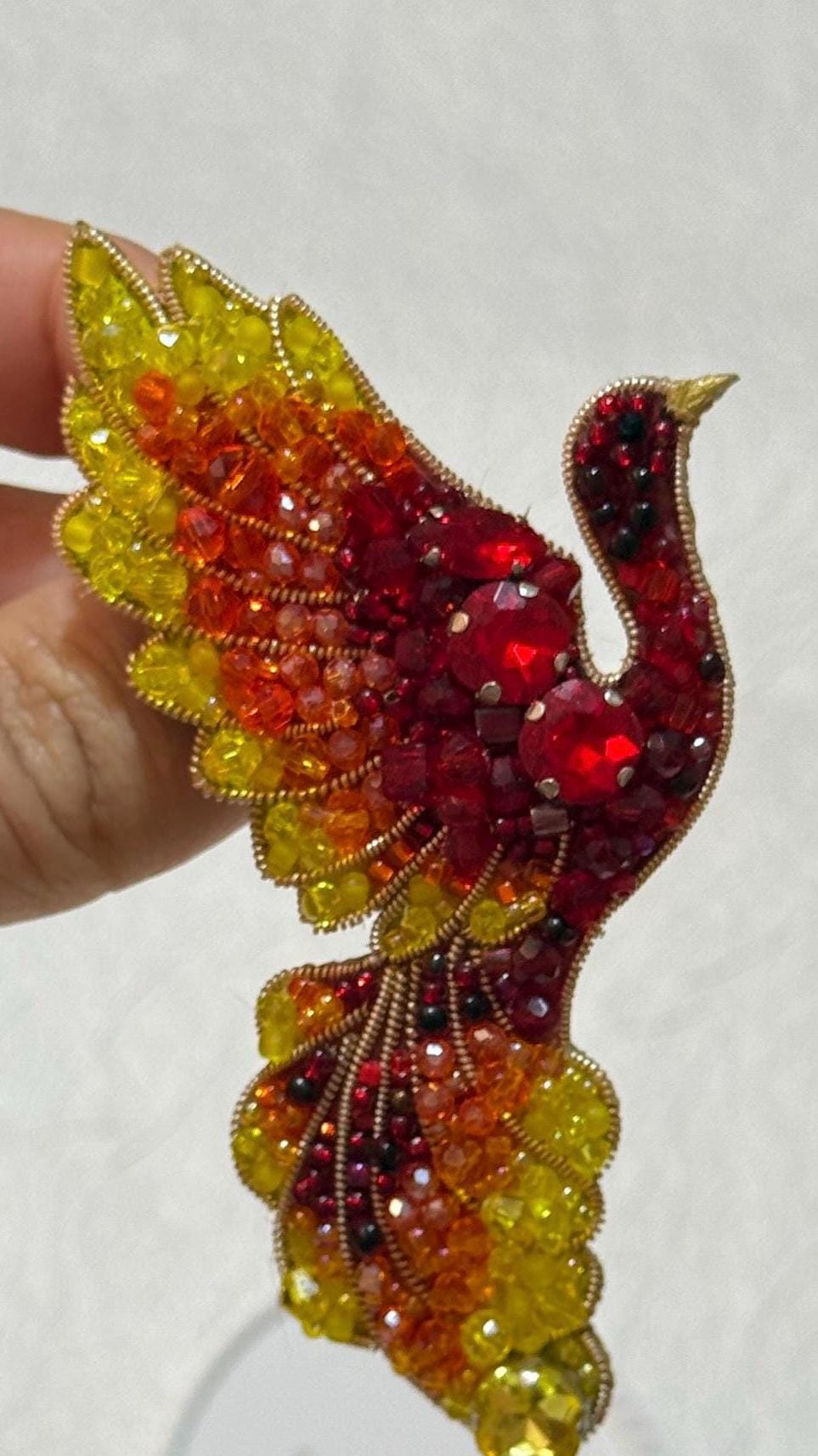Handmade Beaded Phoenix Brooch: Red, Orange, Yellow Crystal Bird Pin