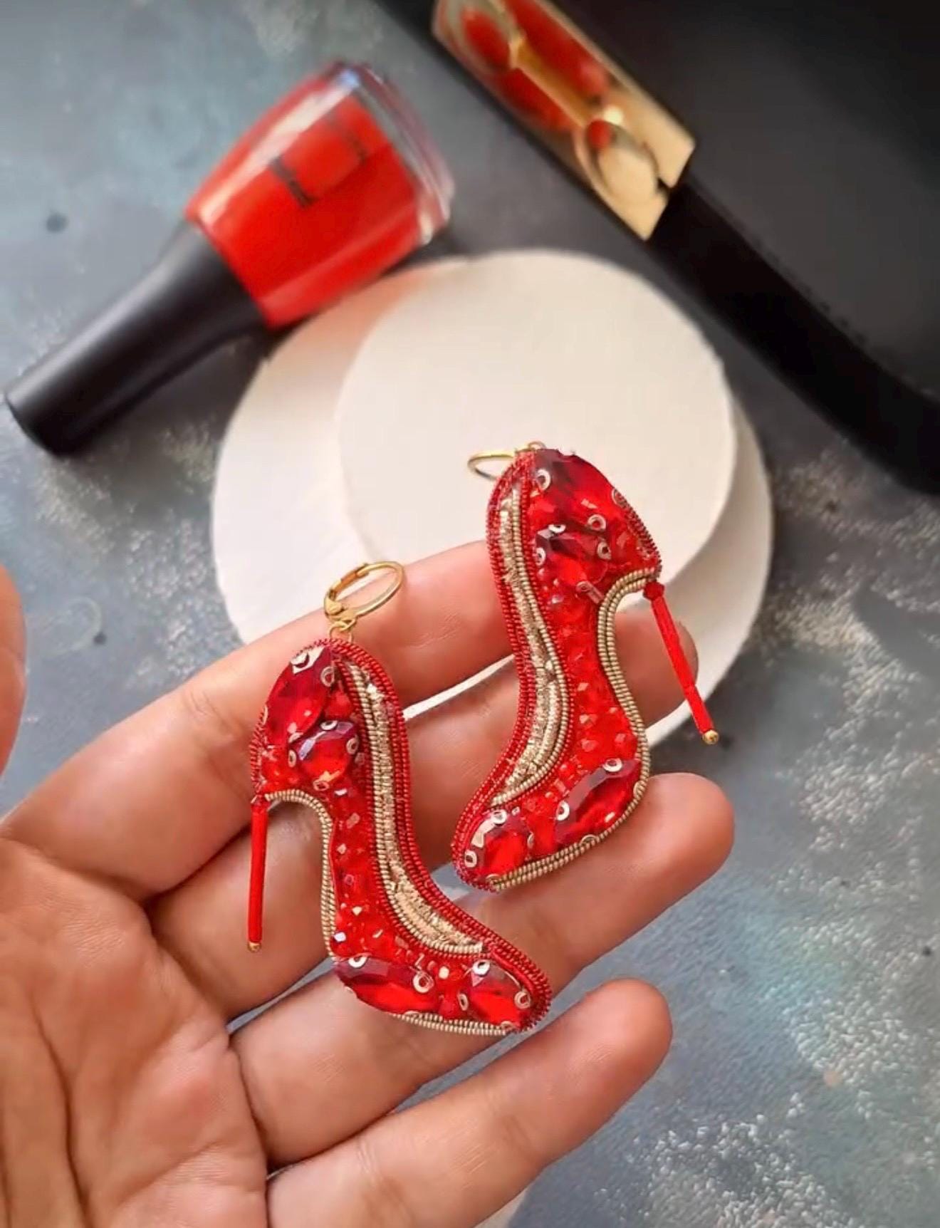 Handmade Red Stiletto Earrings: Beaded High Heel Jewelry