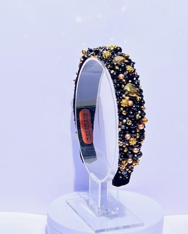 Black & Gold Beaded Headband and Earrings Set: Handmade Crystal Jewelry