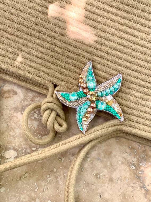 Handmade Starfish Brooch Beaded Pin in Turquoise Gold | Ocean-Inspired Jewellery | Summer Beach Gift | Coastal Fashion Accessory