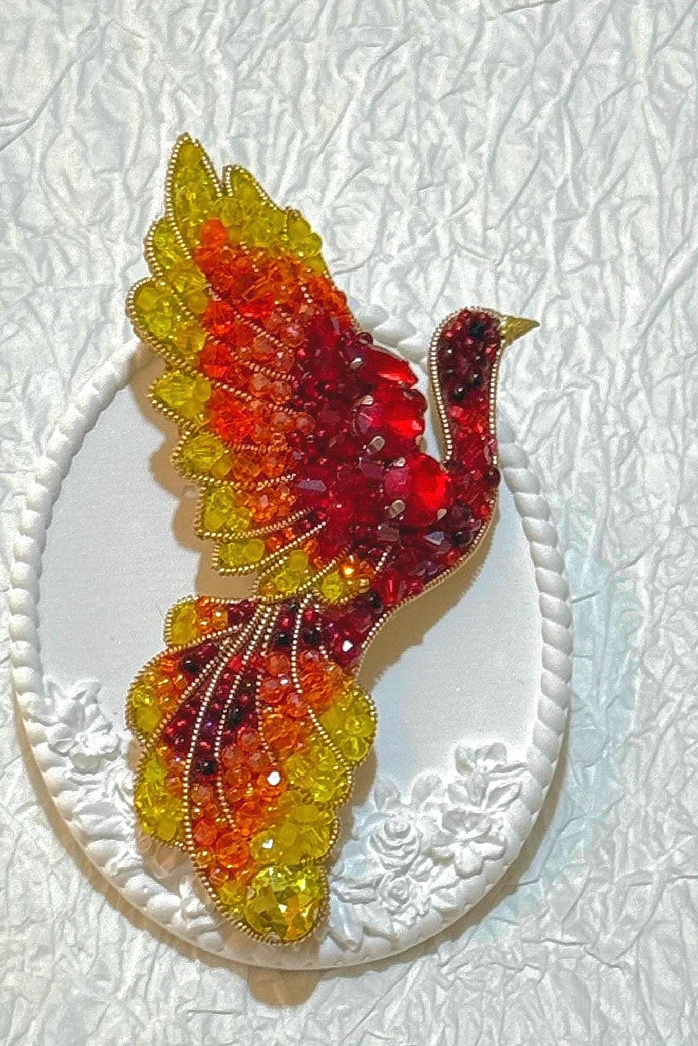 Handmade Beaded Phoenix Brooch: Red, Orange, Yellow Crystal Bird Pin