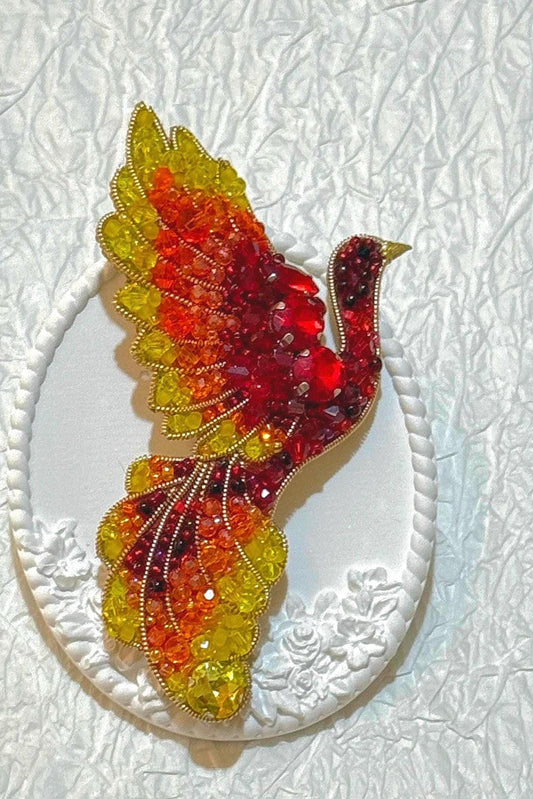 Handmade Beaded Phoenix Brooch: Red, Orange, Yellow Crystal Bird Pin