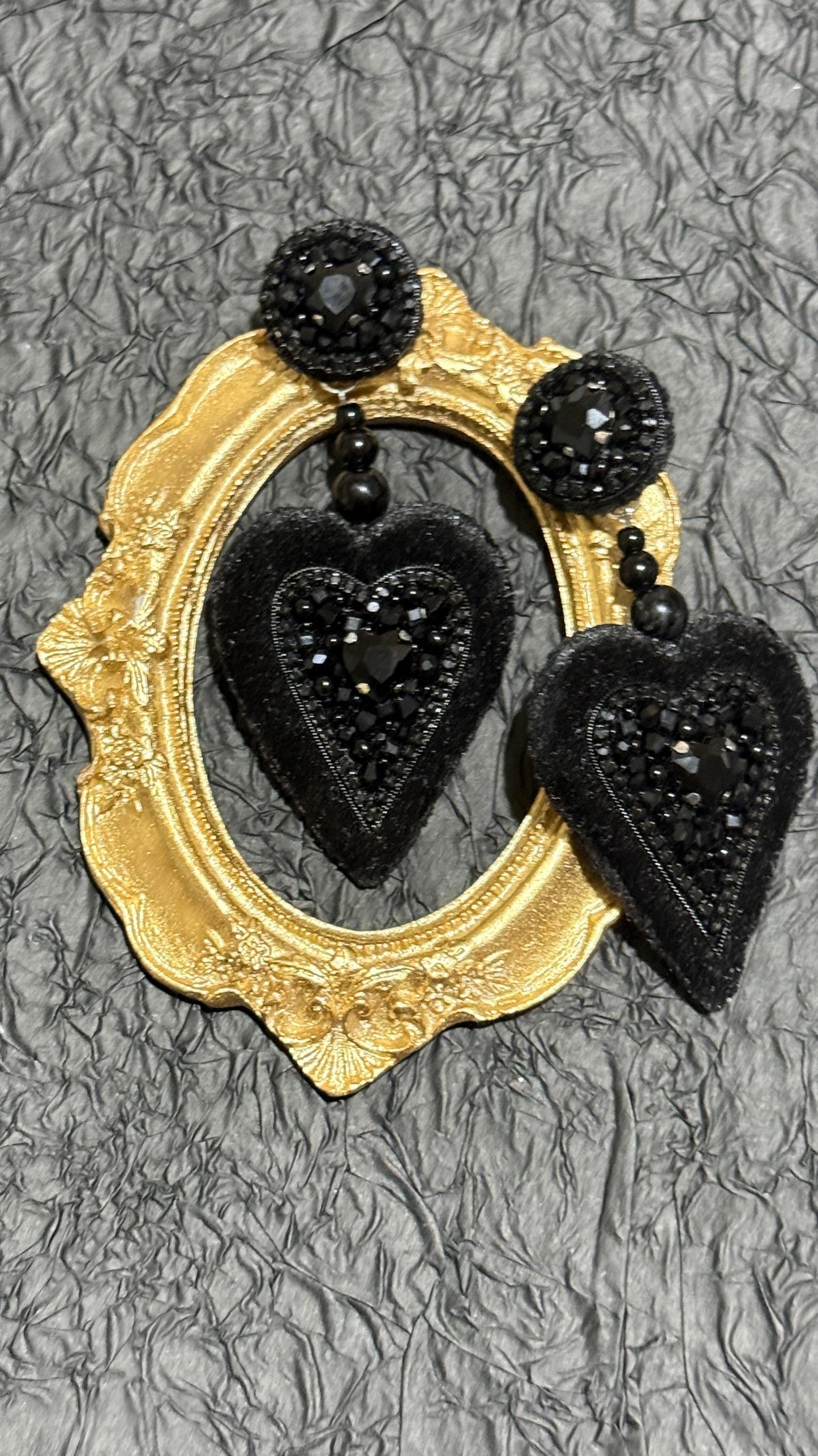 Handmade Black Velvet Heart Dangle Earrings: Gothic Beaded Jewelry