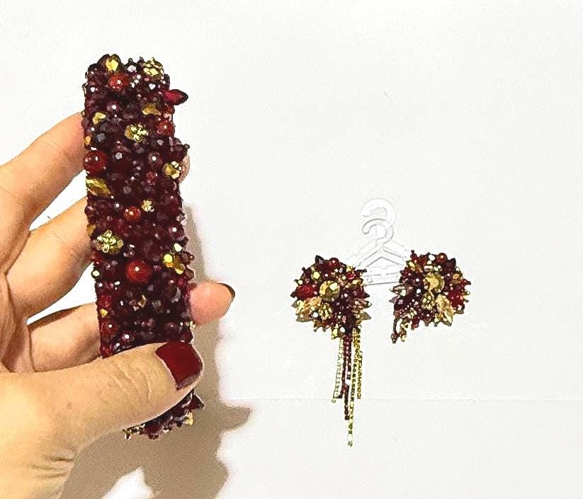 Handmade Red Crystal Headband and Earrings Set: Beaded Bridal Accessories