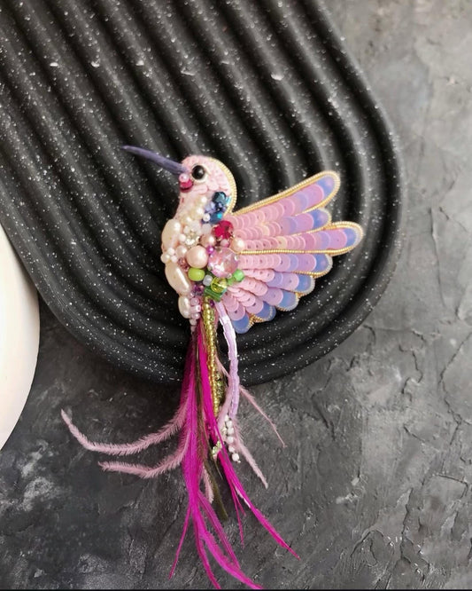 Handmade Hummingbird Brooch: Beaded Bird Pin with Pink Feathers