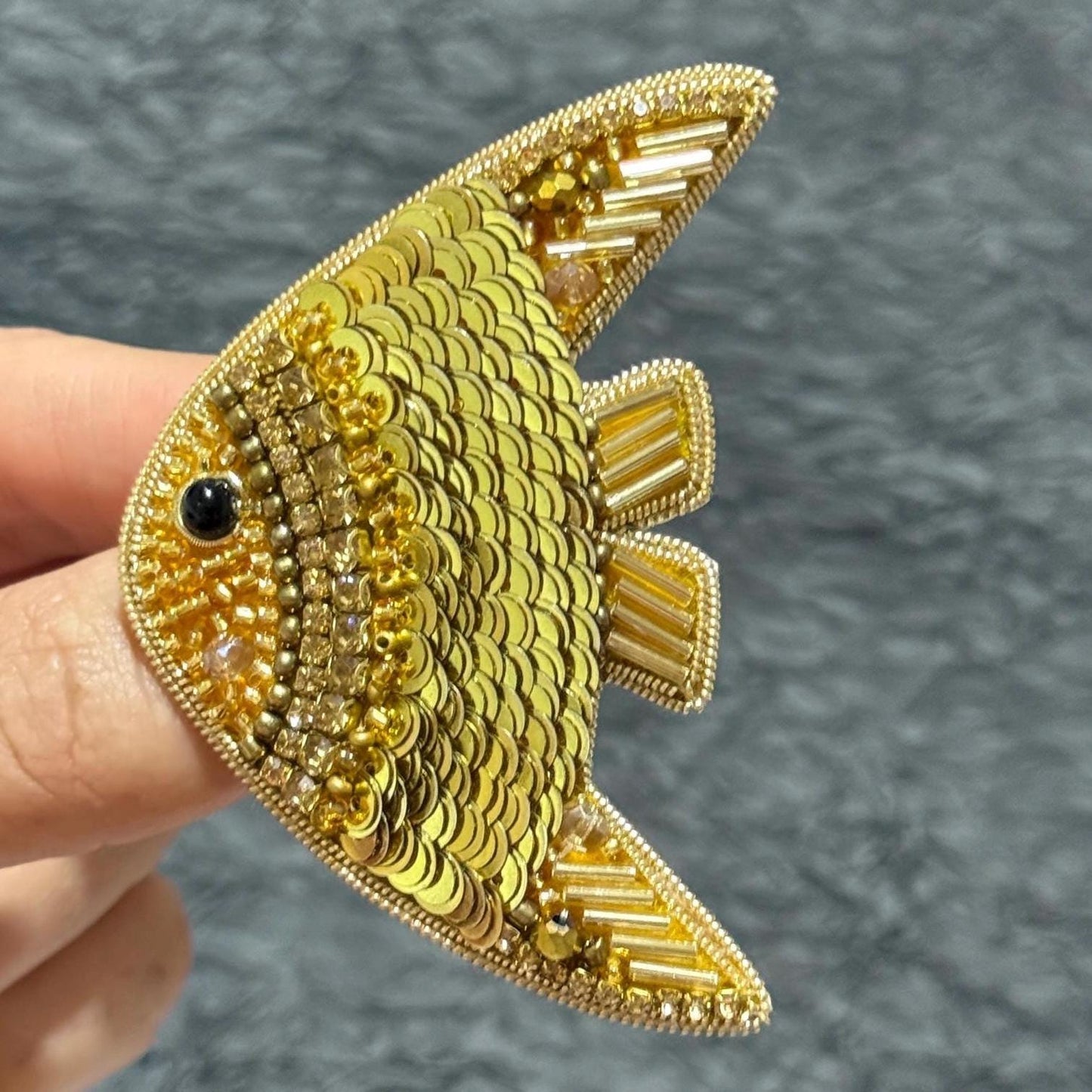 Handmade Beaded Fish Brooch: Gold Sequin Statement Pin