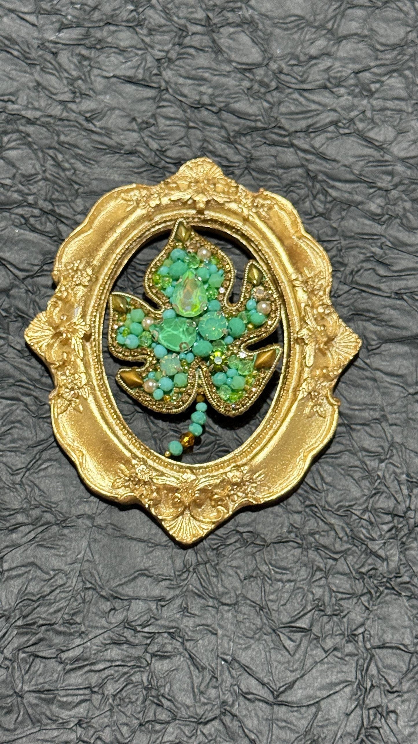 Handmade Green Crystal Leaf Brooch: Beaded Nature Jewelry