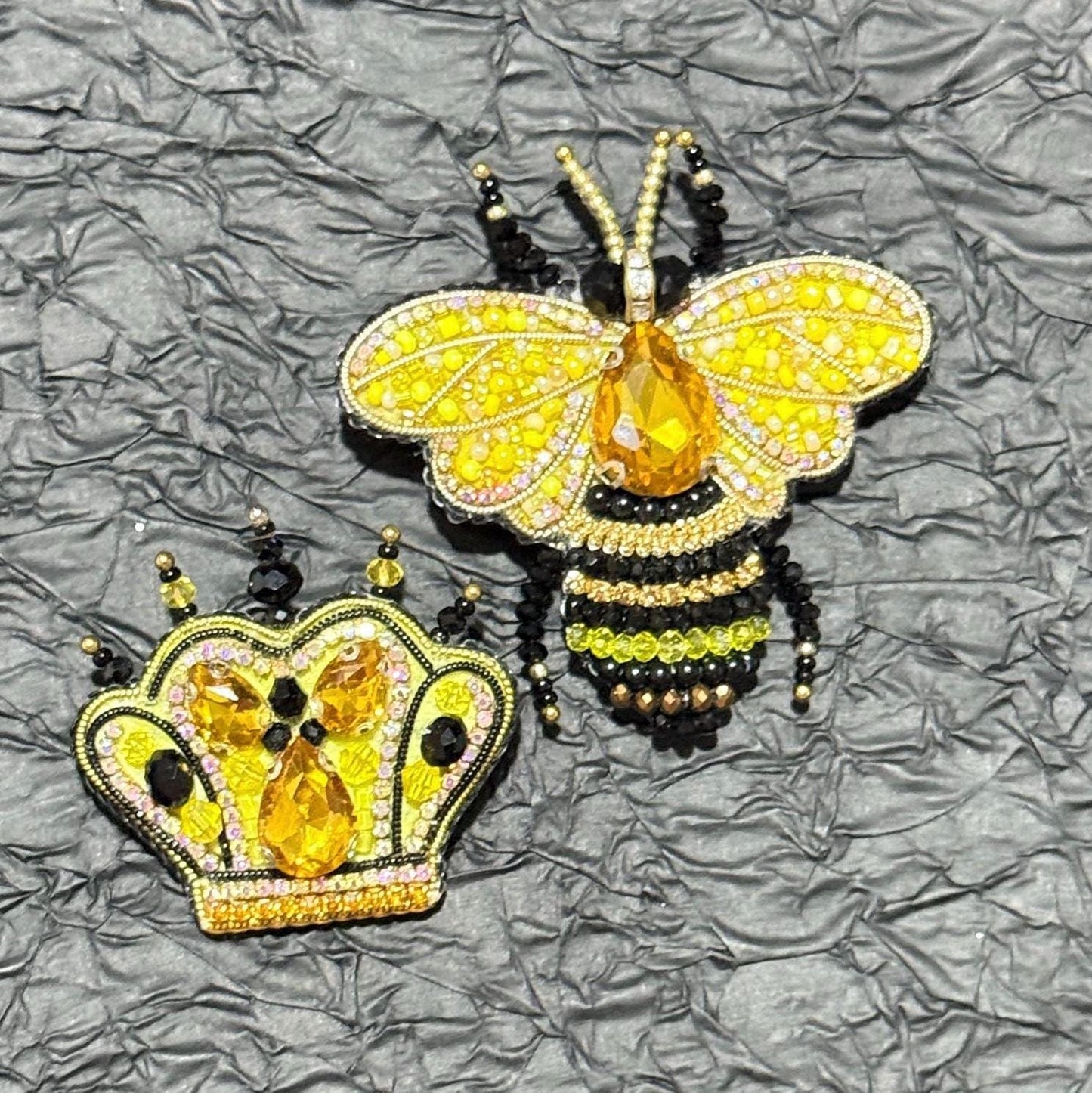 Handmade Beaded Bee and Crown Brooch Set: Yellow Crystal Pins
