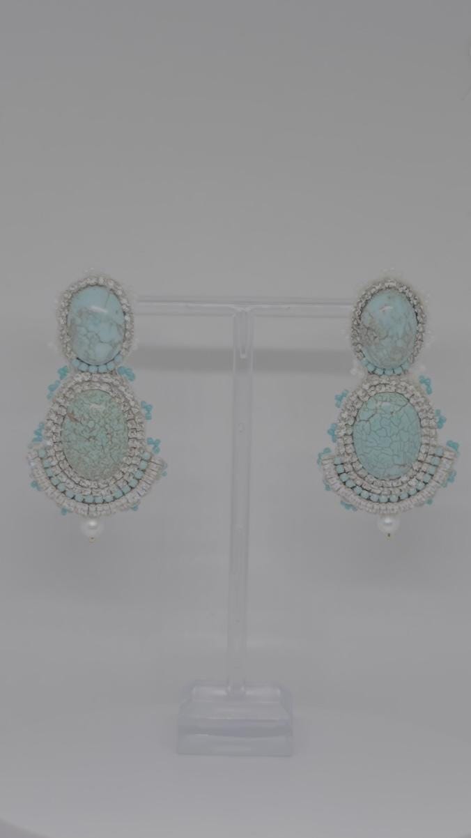 Turquoise Gemstone Statement Earrings - Hand-Beaded Crystal Drop Dangle Earrings