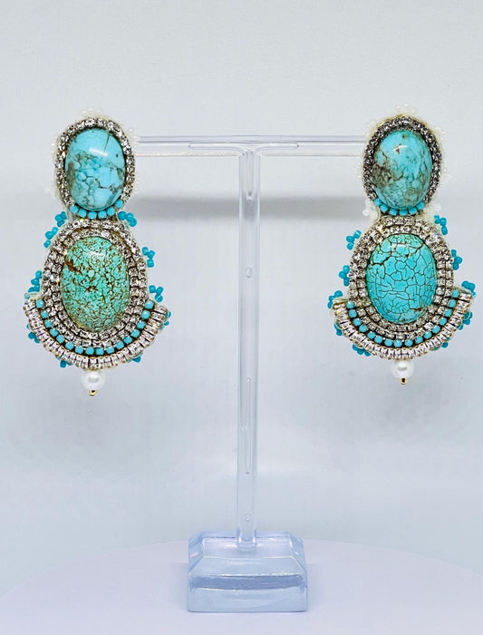 Turquoise Gemstone Statement Earrings - Hand-Beaded Crystal Drop Dangle Earrings