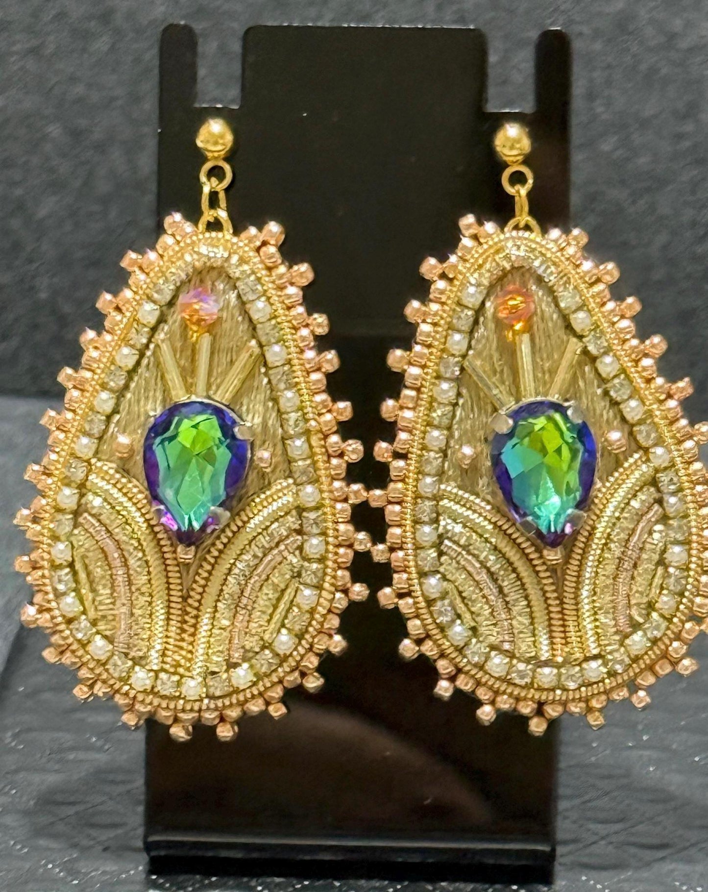 Handmade Gold Teardrop Earrings: Beaded Crystal Embroidered Statement Jewelry