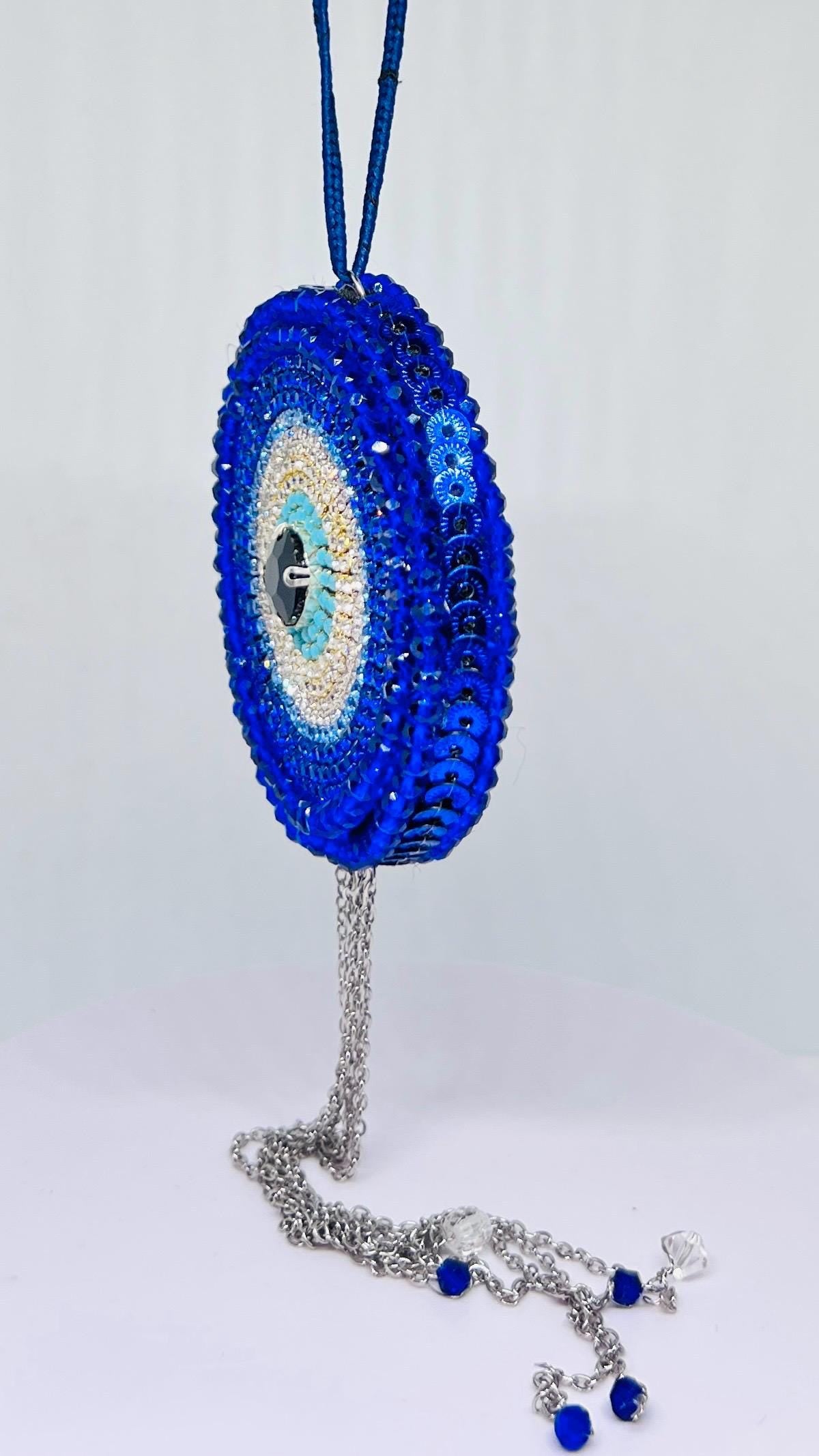 Handmade Evil Eye Car Mirror Charm - Blue Crystal Protection Pendant
