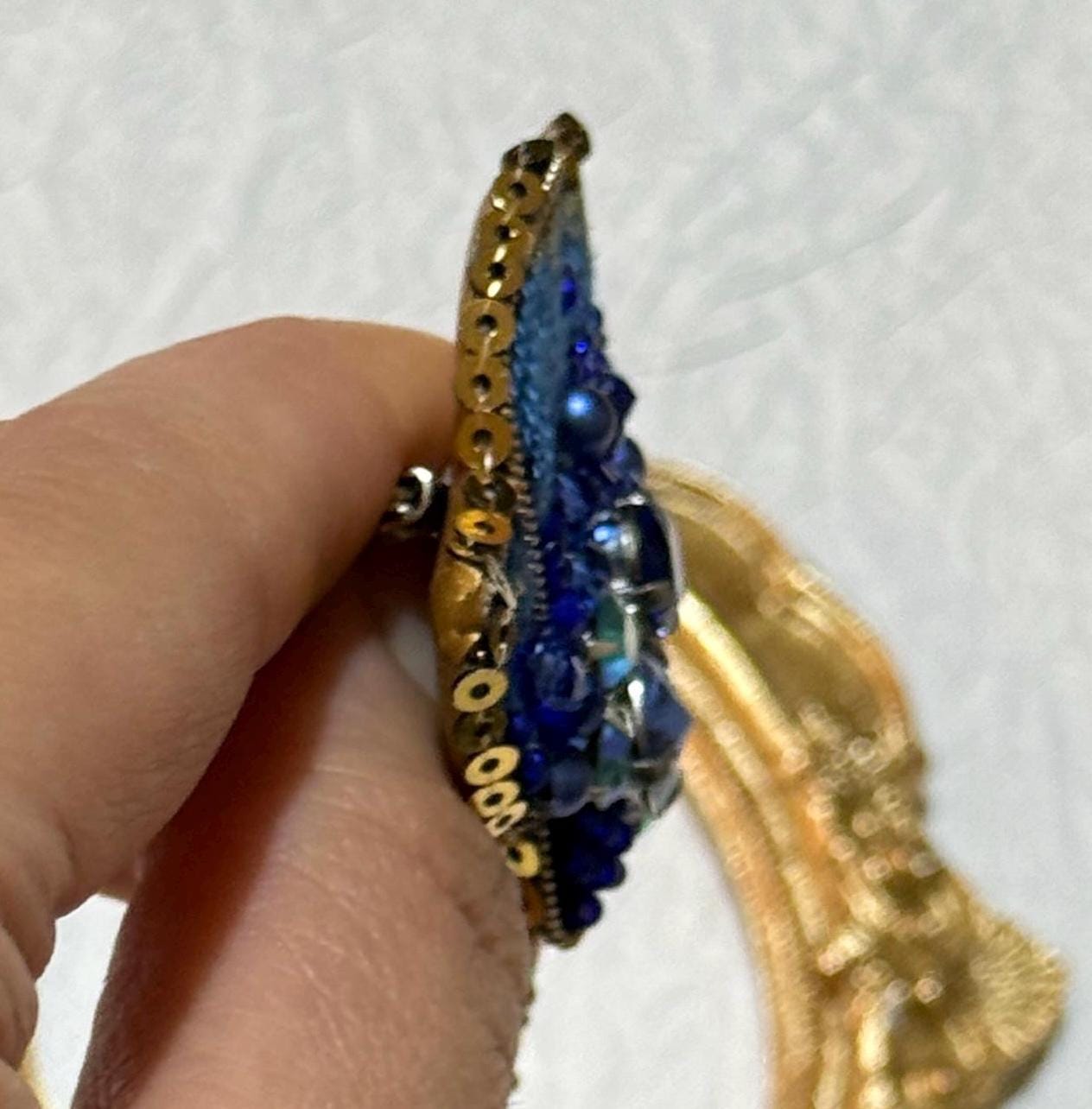 Handmade Blue Lotus Brooch: Beaded Floral Pin with Gold Frame