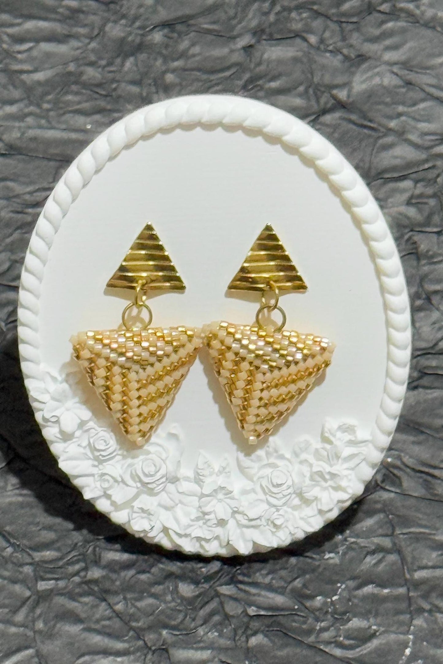 Handmade Beaded Triangle Dangle Earrings: Gold Geometric Statement