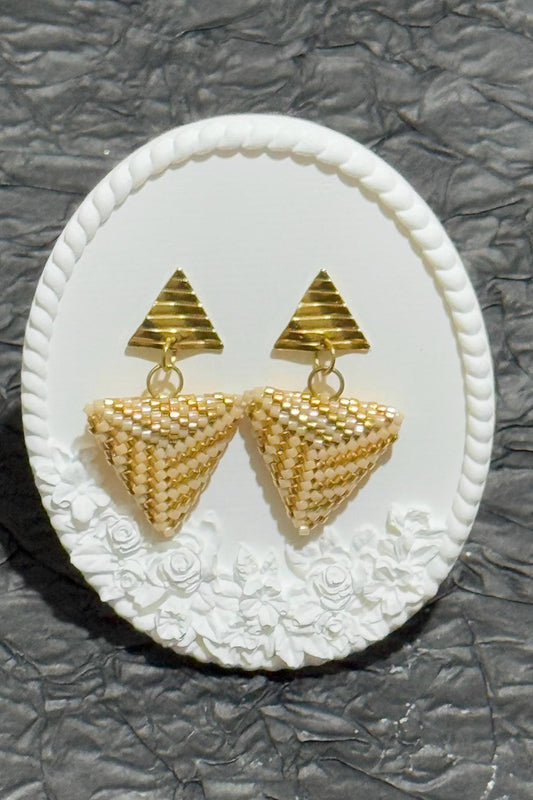 Handmade Beaded Triangle Dangle Earrings: Gold Geometric Statement
