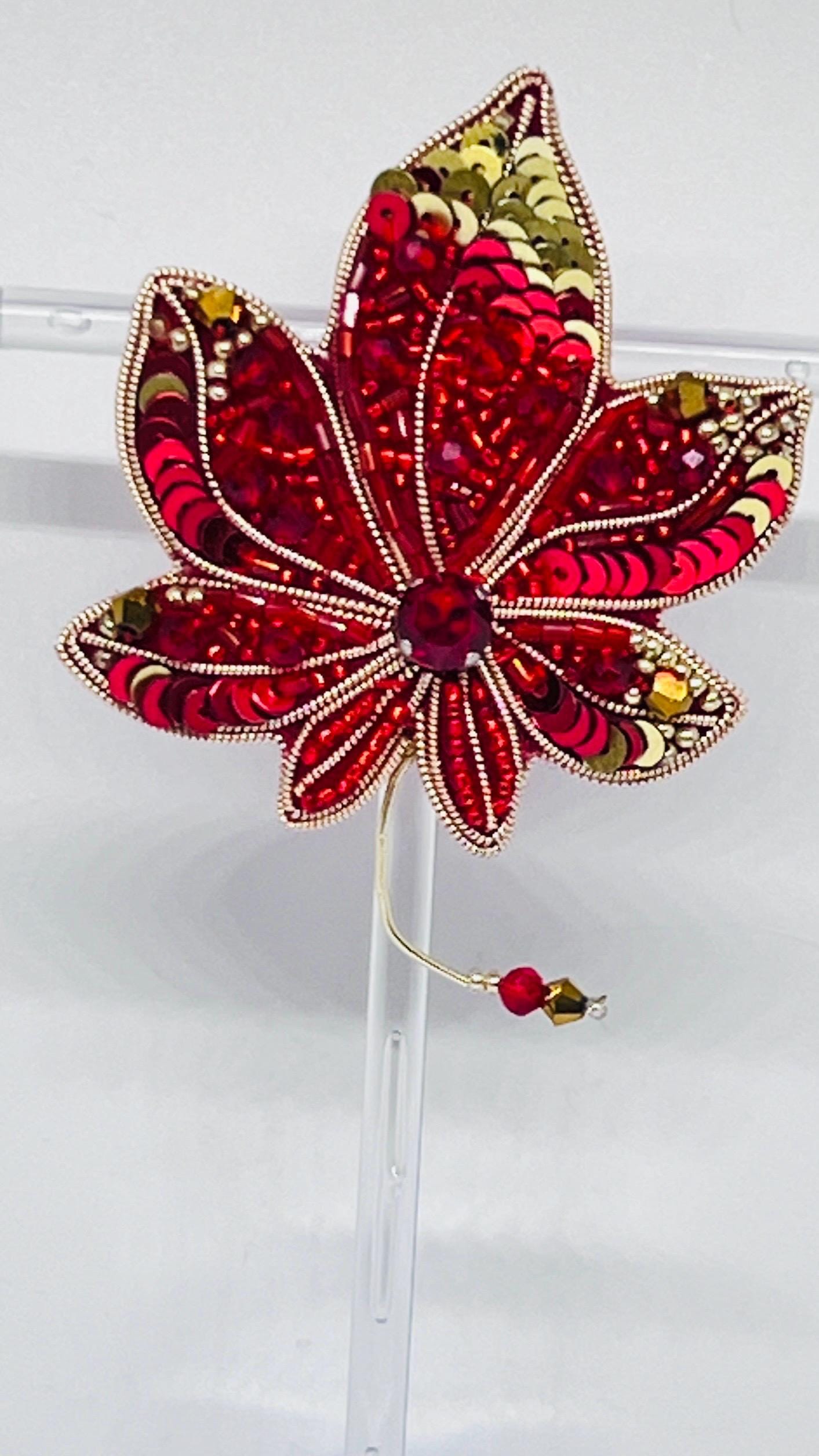 Handmade Beaded Maple Leaf Brooch: Red Crystal Autumn Pin