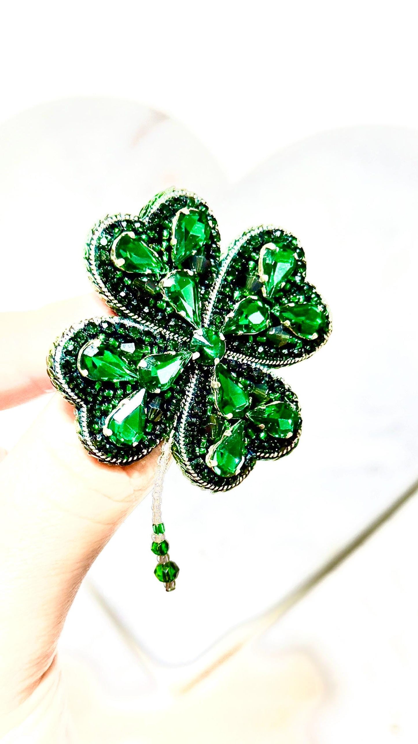 Handmade Green Crystal Clover Brooch: Lucky Beaded Pin