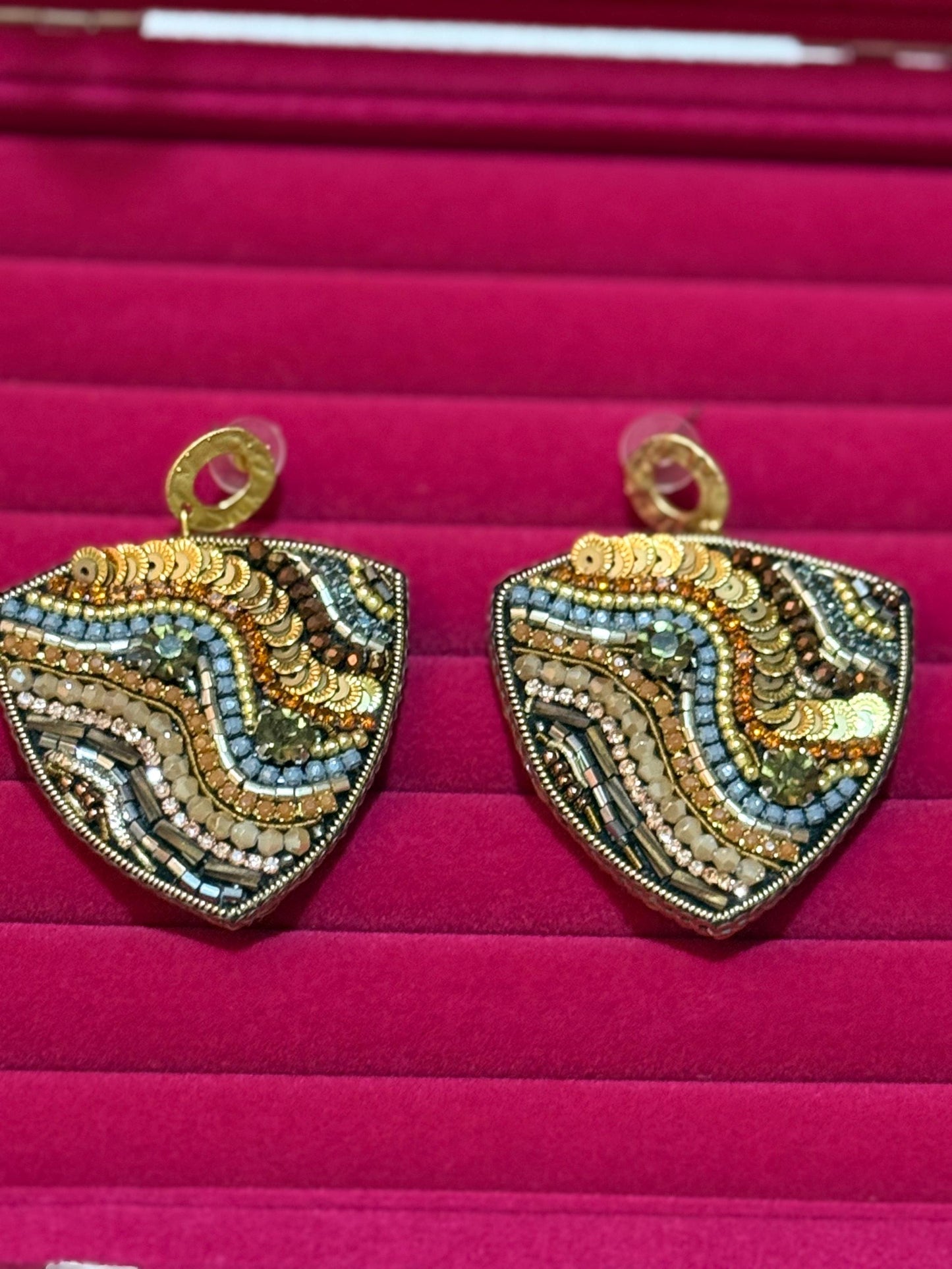 Handmade Beaded Statement Earrings | Bronze, Gold, Olive Czech Glass Beads