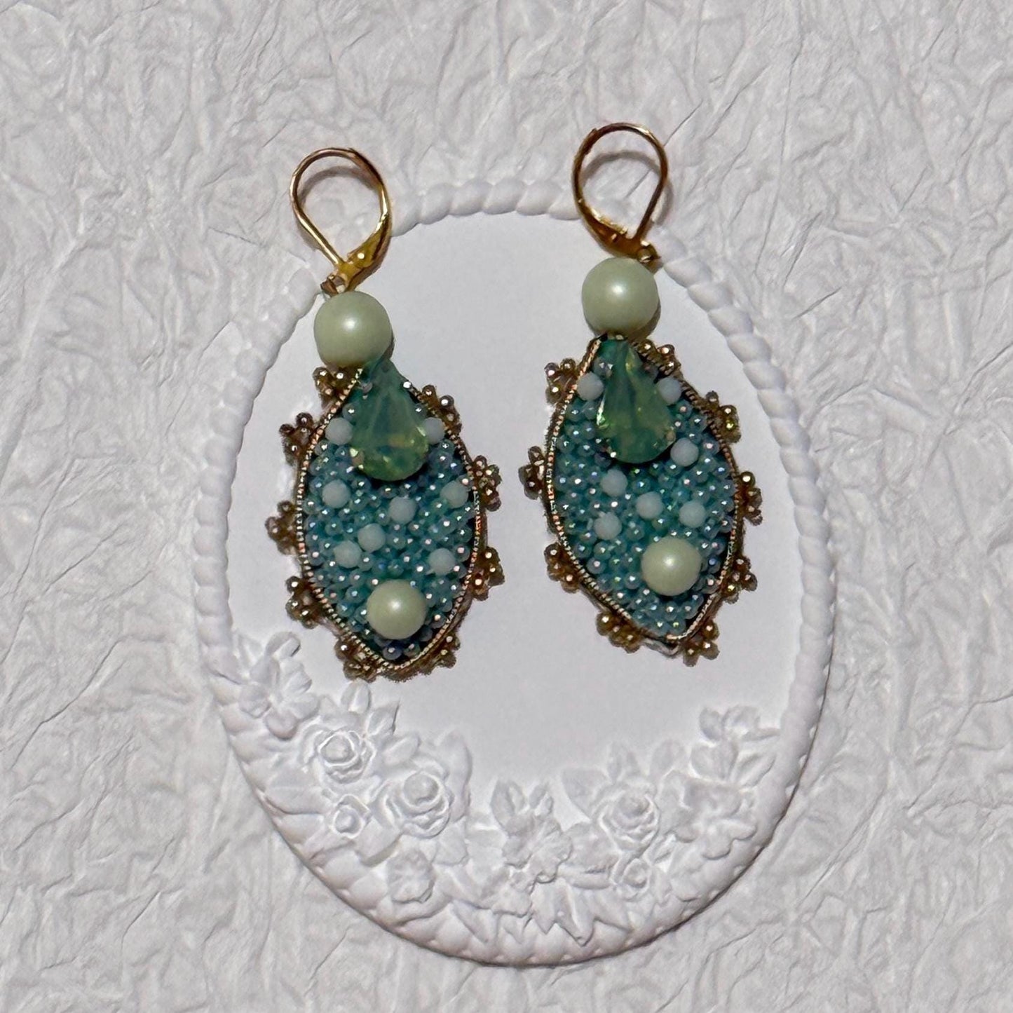 Handmade Beaded Dangle Earrings: Green Swarovski Crystals & Glass Pearls