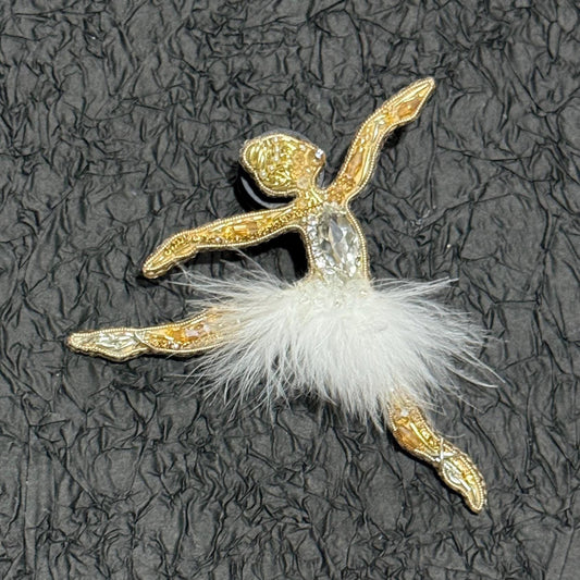 Handmade Beaded Ballerina Brooch: Gold Ballet Dancer Pin with Feather Tutu