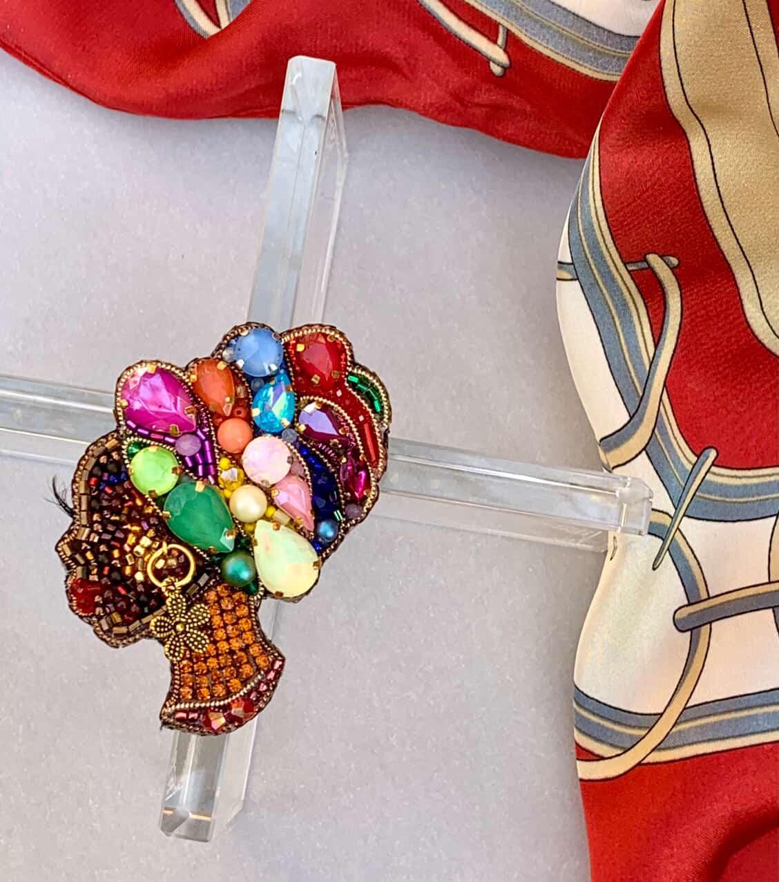 Handmade Beaded African Woman Brooch – Crystal Pearl Statement Pin