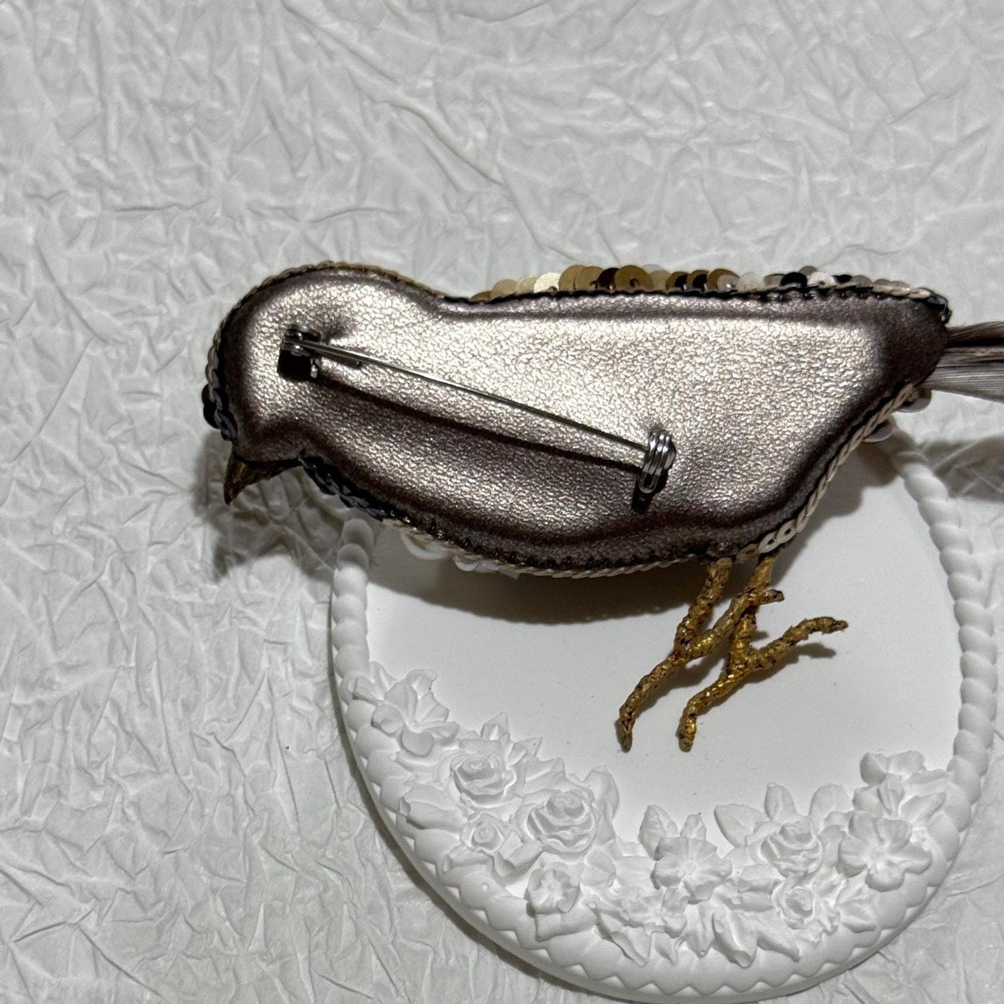 Handmade Beaded Sparrow Brooch: Sequins, Pearls, and Crystals
