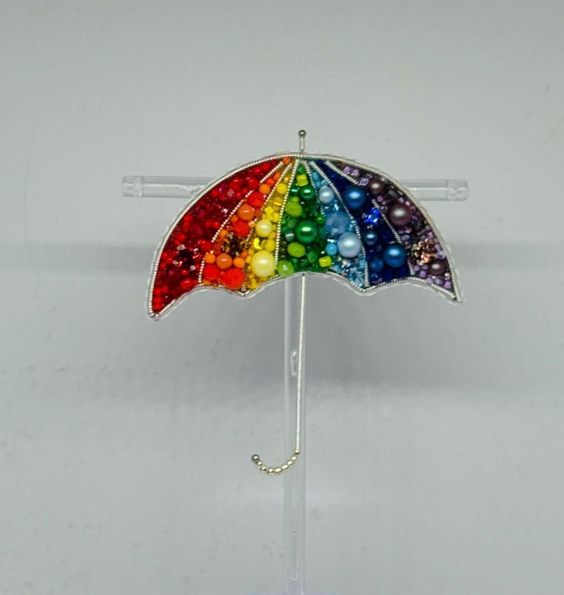 Handmade Rainbow Umbrella Brooch: Beaded Pride Pin