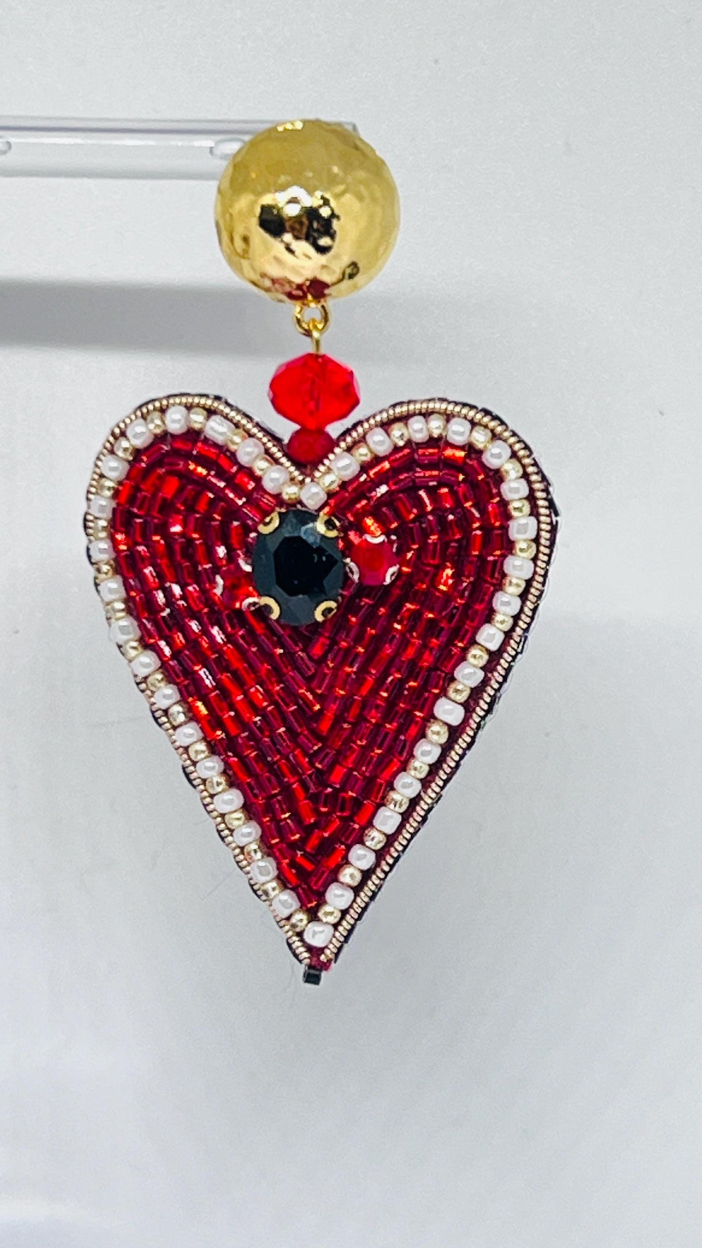 Handmade Red Heart Beaded Earrings: Pearl Crystal Statement Jewelry