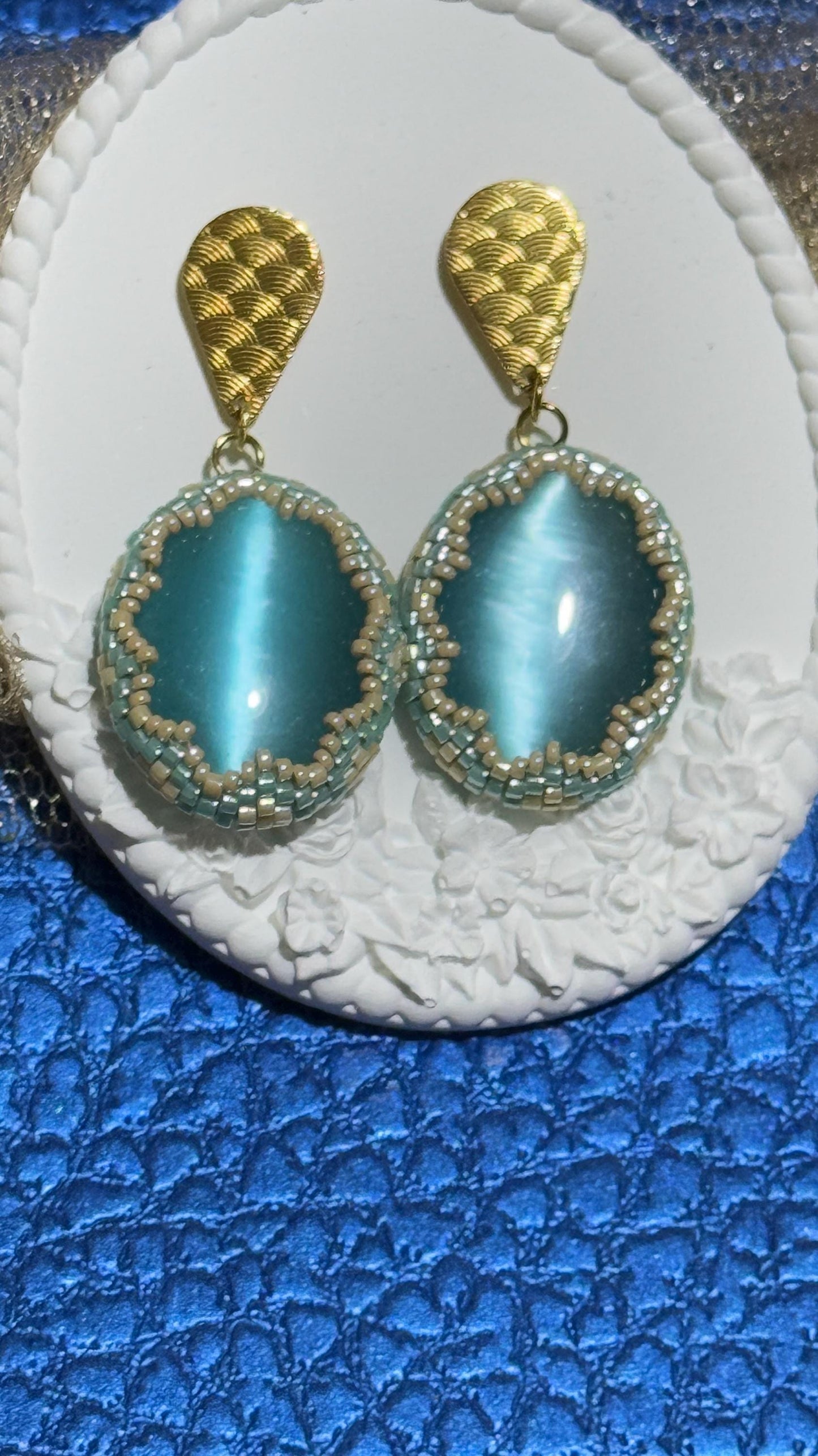 Gold-Plated Blue Cat Eye Earrings | Handcrafted Beaded Jewelry