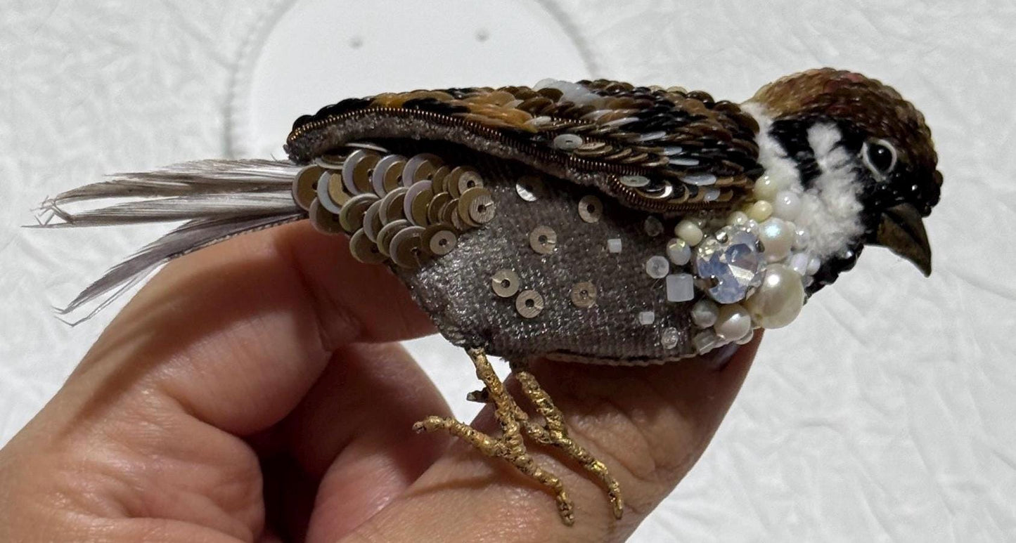 Handmade Beaded Sparrow Brooch: Sequins, Pearls, and Crystals