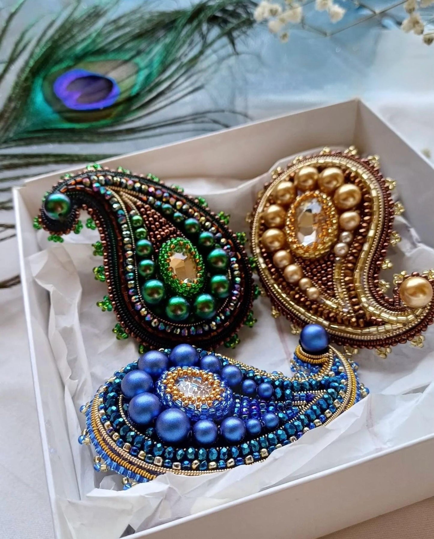 Beaded Paisley Brooch Pin: Crystal Pearl Bohemian Lapel Accessory