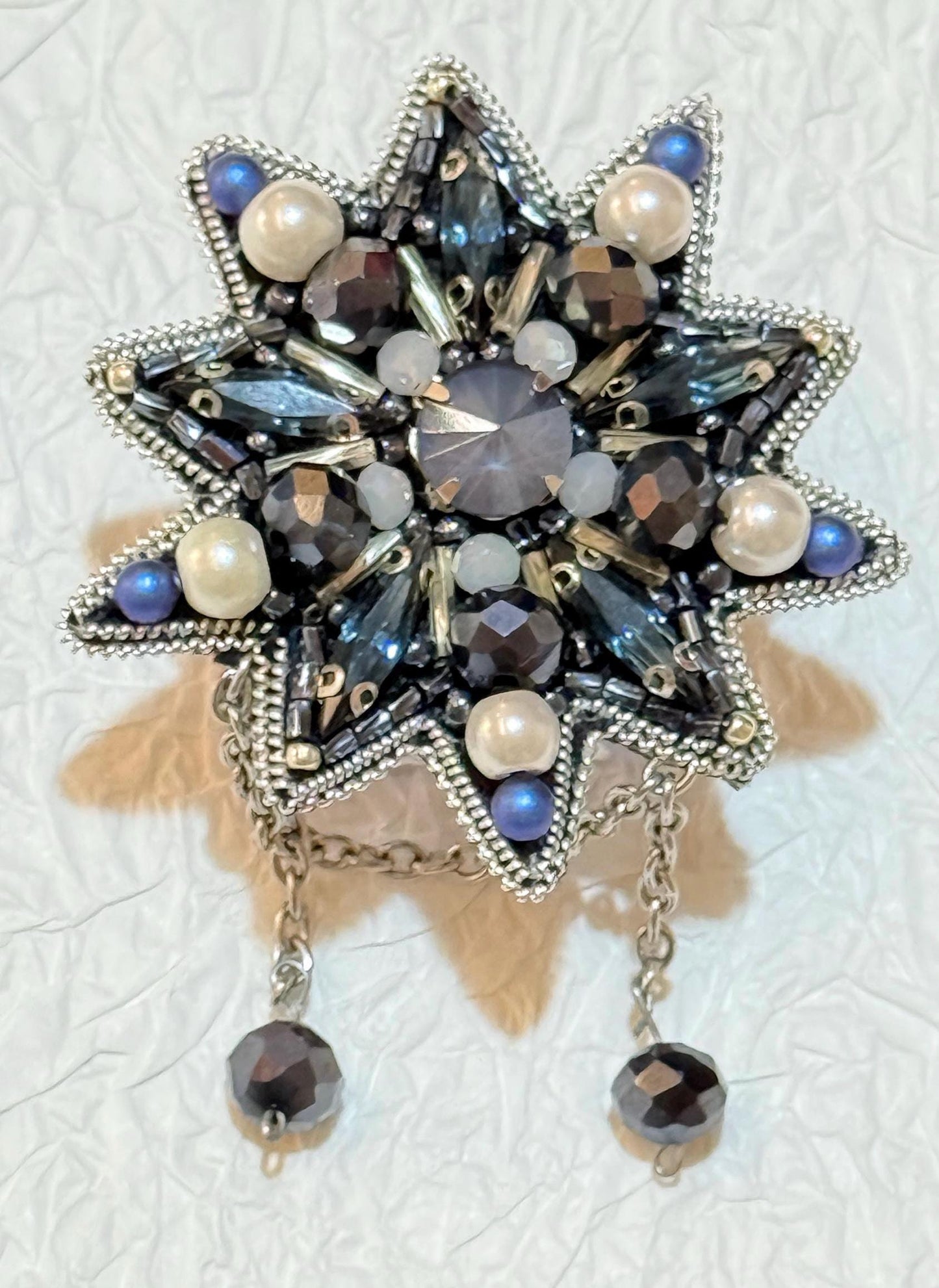 Handmade Blue Star Brooch: Crystal & Pearl Beaded Statement Jewelry