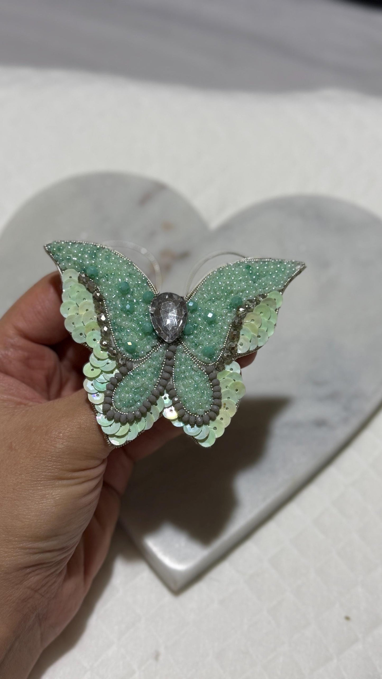 Handmade Mint Green Butterfly Brooch: Beaded Crystal Pin