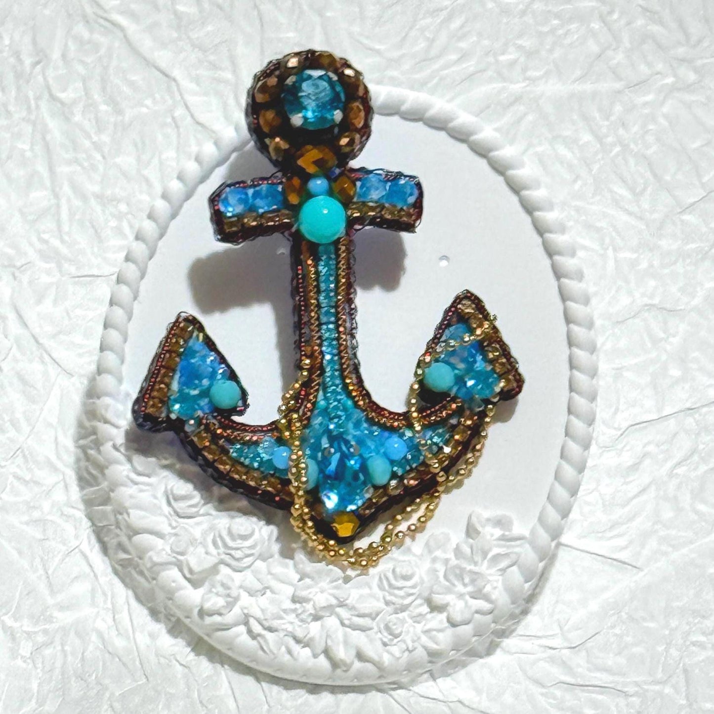 Handmade Beaded Anchor Brooch: Blue Crystal Nautical Pin